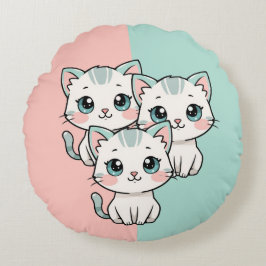 Three Cute Kawai Cats Rundes Kissen
