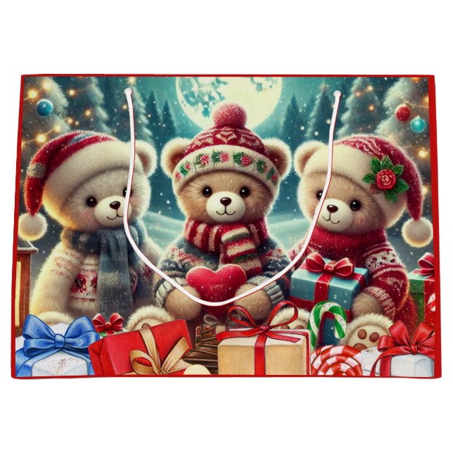 Three Cute Teddy Bears Merry Christmas Große Geschenktüte (Vorderseite)