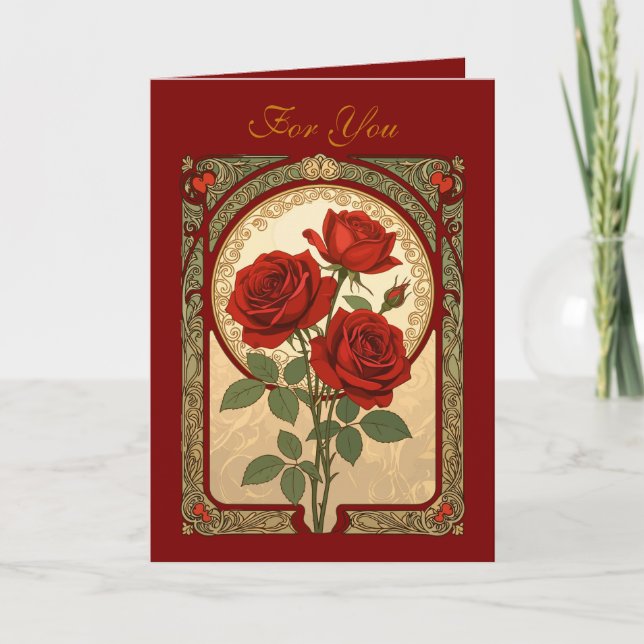Three Deep Red Roses Art Nouveau Style Karte (Vorderseite)