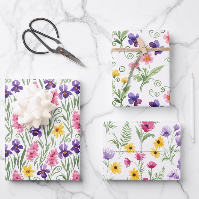 Three Different Yellow, Pink, Purple Floral  Geschenkpapier Set (Vorderseite)