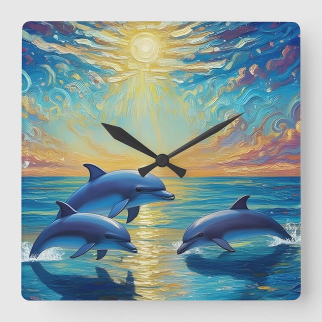 Three dolphins Wall Clock Quadratische Wanduhr (Vorderseite)