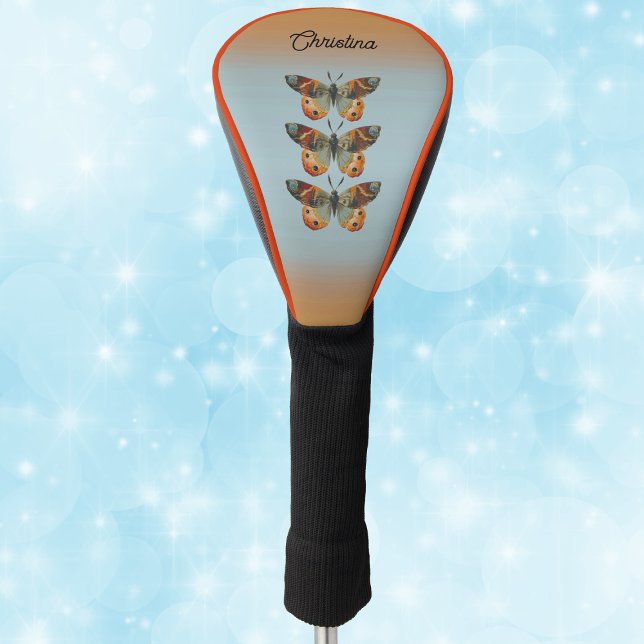 Three elegant Monarch Butterflies Blue Orange Golf Headcover (Three monarach butterflies Autumn colours on blue and orange golf club cover.)