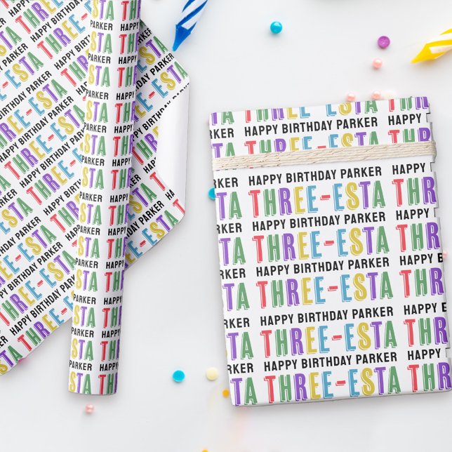 Three-esta Fiesta Colorful 3. Geschenkpapier (Get this 3rd birthday party started with Three-Esta gift wrap, personalized for your 3 year old!)