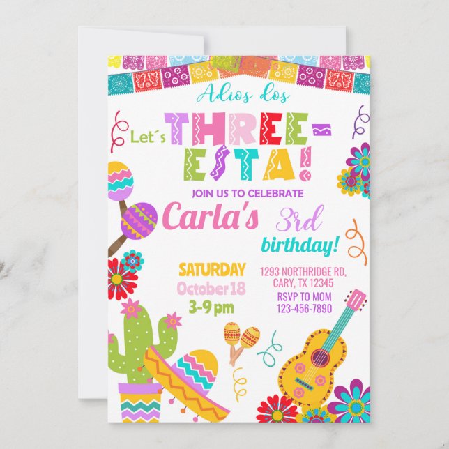 Three-esta Fiesta girl 3rd birthday invitation. Einladung (Vorderseite)