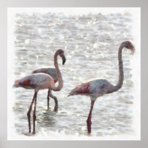 Three Flamingos Watercolor Poster