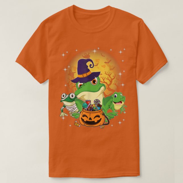 Three Frogs Mummy Witch Moon Ghosts Pumpkin Candy  T-Shirt (Design vorne)