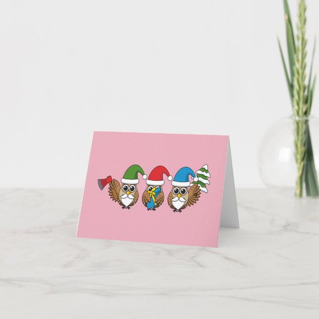 Three Funny Christmas Gnome Owls Karte (Vorderseite)