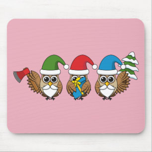 Three Funny Christmas Gnome Owls Mousepad