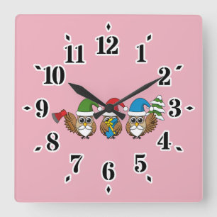 Three Funny Christmas Gnome Owls Quadratische Wanduhr