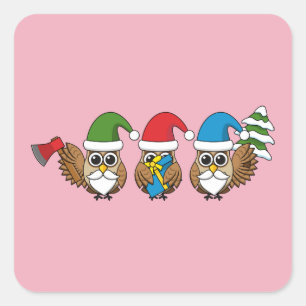 Three Funny Christmas Gnome Owls Quadratischer Aufkleber