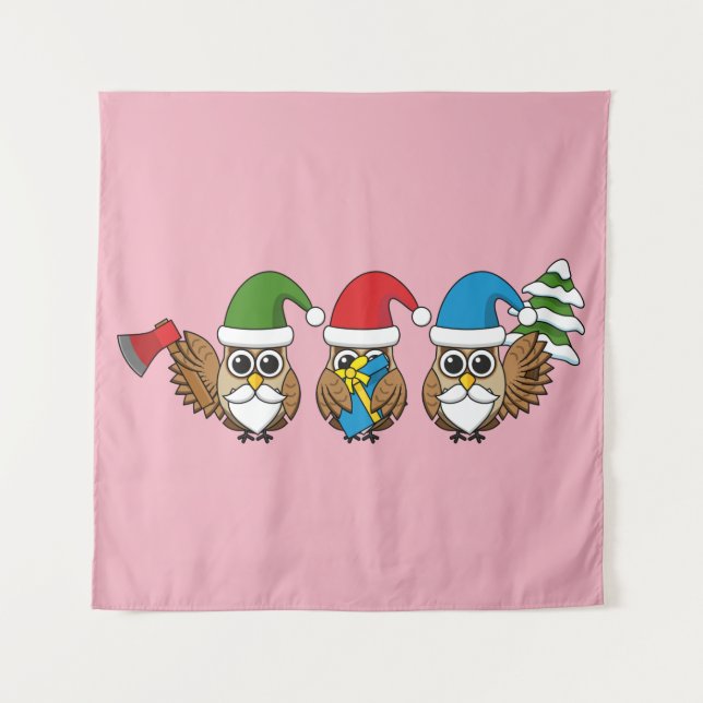 Three Funny Christmas Gnome Owls Wandteppich (Vorderseite)
