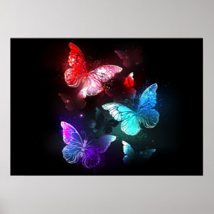 Three Glowing Butterflies on night background Poster