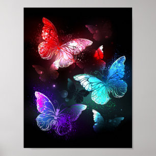 Three Glowing Butterflies on night background Poster