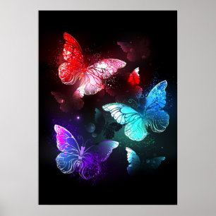 Three Glowing Butterflies on night background Poster