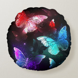 Three Glowing Butterflies on night background Rundes Kissen