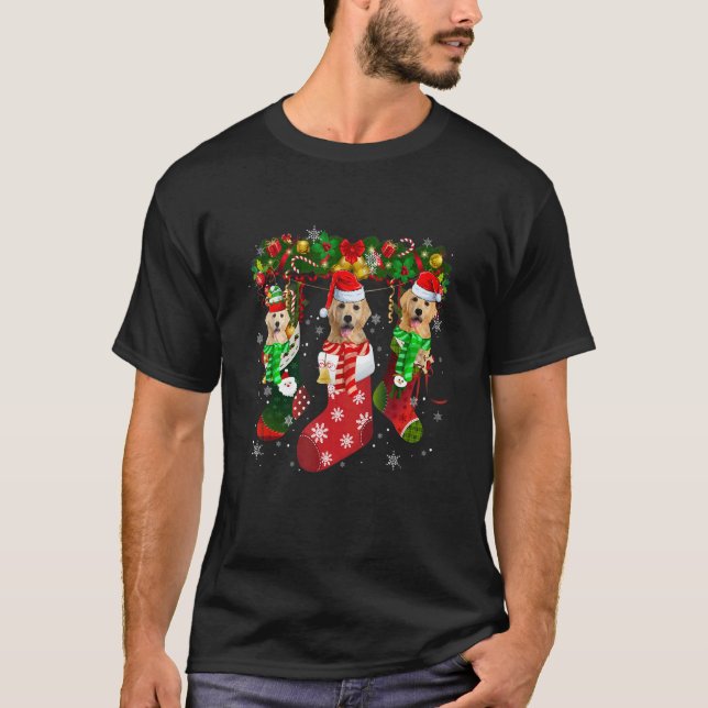 Three Golden Retriever In Socks Christmas Santa Ha T-Shirt (Vorderseite)