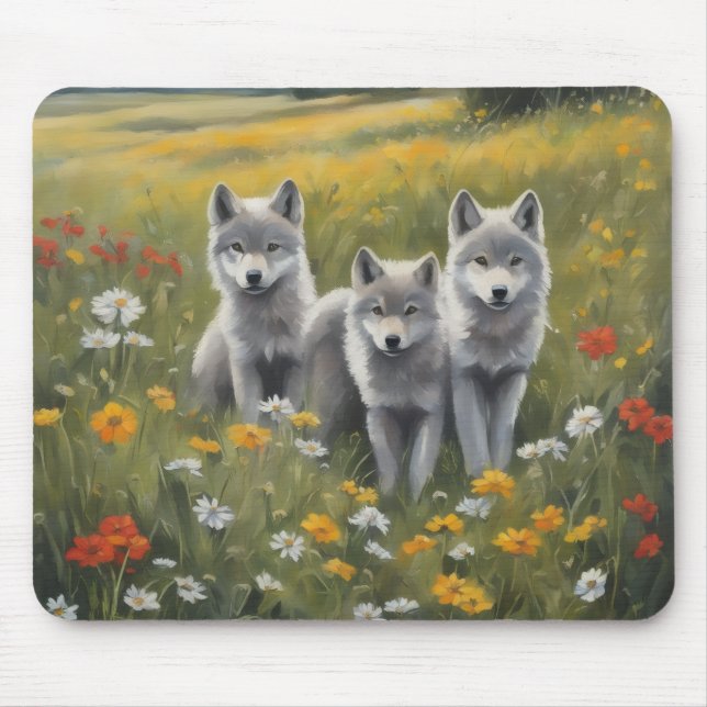 Three grey wolf pups watching for mischief mousepad (Vorne)