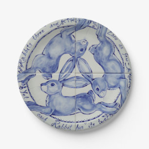 Three Hares Rabbit Blue & White Medallion geplünde Pappteller