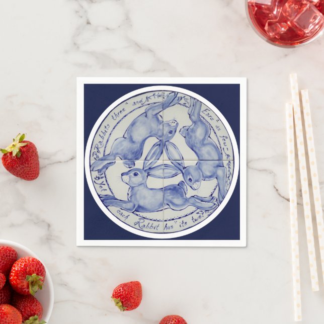 Three Hares Rabbits Blue White Tile Medallion Serviette (Beispiel)