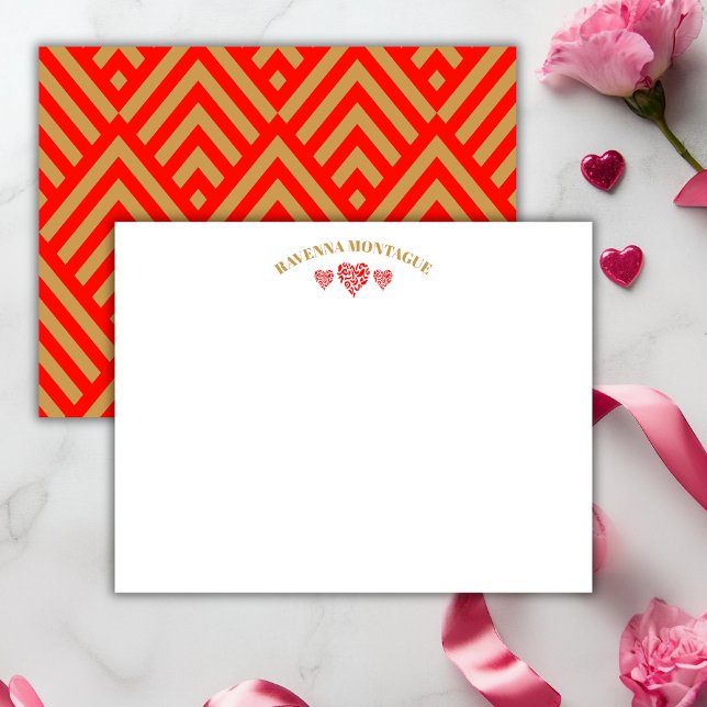 Three Hearts Gold Apple Red Striped Fans Note Card Mitteilungskarte (Von Creator hochgeladen)
