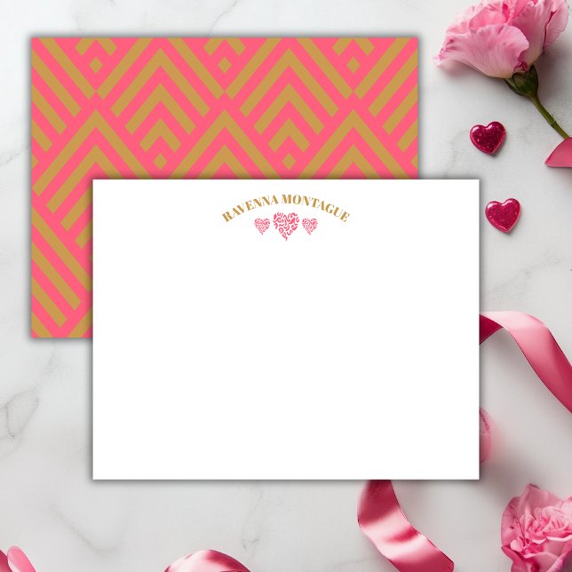 Three Hearts Gold Watermelon Pink Fans Note Card Mitteilungskarte (Von Creator hochgeladen)