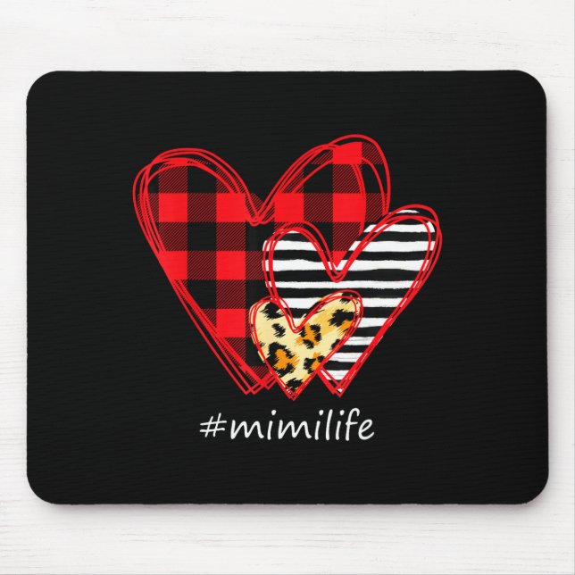 Three Hearts Leopard Buffalo Plaid Mimi Life Valen Mousepad (Vorne)