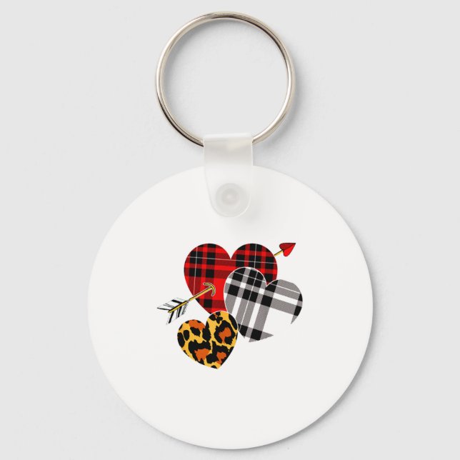 Three Hearts Leopard Buffalo Plaid Valentines Day  Schlüsselanhänger (Vorderseite)
