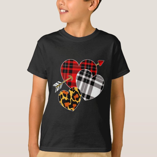 Three Hearts Leopard Buffalo Plaid Valentines Day  T-Shirt (Vorderseite)