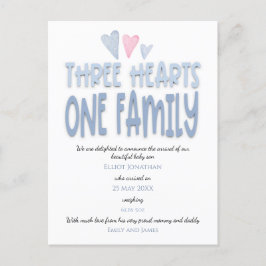 Three Hearts One Family Blue Baby Boy Birth Ankündigungspostkarte