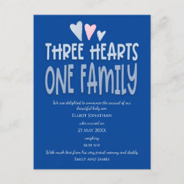 Three Hearts One Family Dark Blue Baby Boy Birth Ankündigungspostkarte