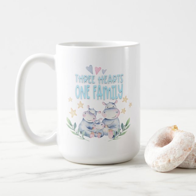Three Hearts One Family Niedlich Hippos Blue Kaffeetasse (Mit Donut)