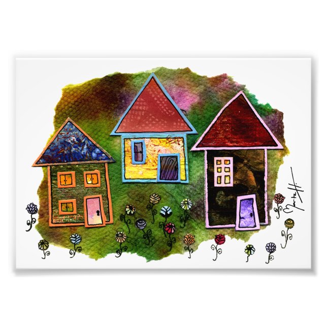 Three House Collage mit Blume Fotodruck (Vorne)