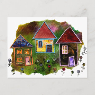 Three House Collage mit Blume Postkarte