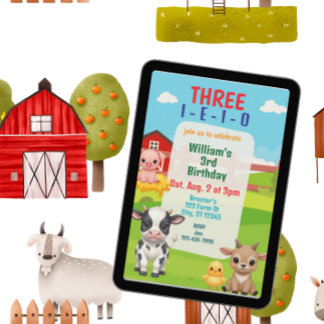 Three I-E-I-O, Cute Farm Animal 3rd Birthday Einladung
