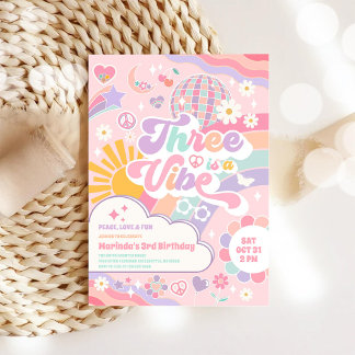 Three Is A Vibe Sun Rainbow Disco 3rd Birthday Einladung