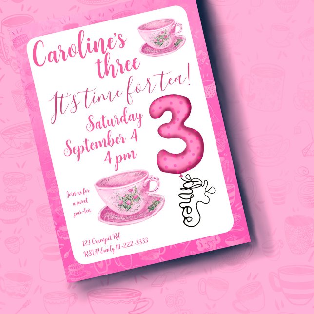 Three It’s Time for Tea 3rd Birthday Invitation Einladung (Von Creator hochgeladen)