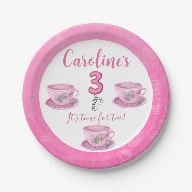Three It’s Time for Tea 3rd Birthday Invitation Pappteller (Vorderseite)