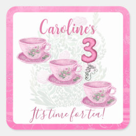 Three It’s Time for Tea 3rd Birthday Invitation Quadratischer Aufkleber