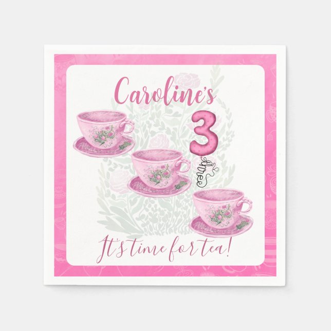 Three It’s Time for Tea 3rd Birthday Invitation Serviette (Vorderseite)