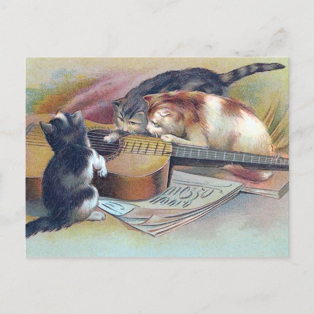 Three Kittens und eine Vintage Gitarre Illustratio Postkarte (Vorderseite)