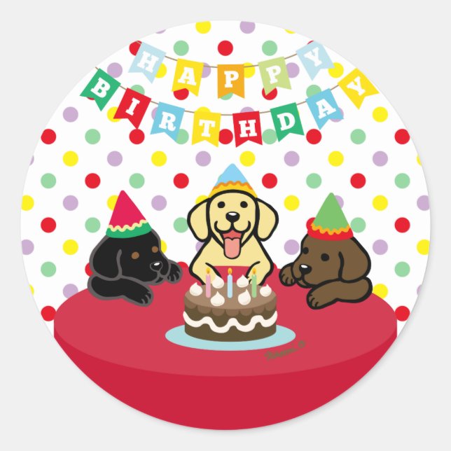 Three Labrador Puppies Cartoon Birthday Runder Aufkleber (Vorderseite)