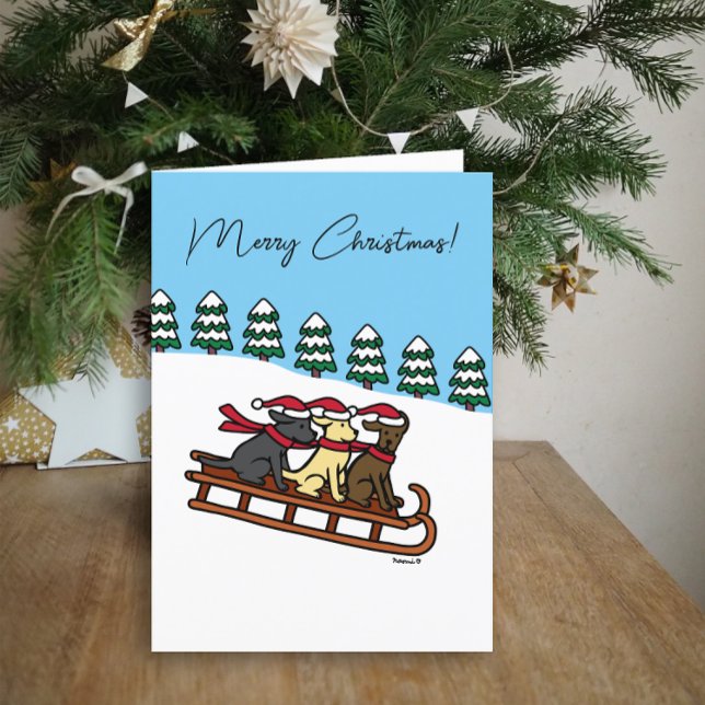 Three Labradors Sled Sliding Snow View Feiertagskarte (Three Labradors Sled Sliding Design Christmas Card for Labrador Owners.  Snow View Background.)