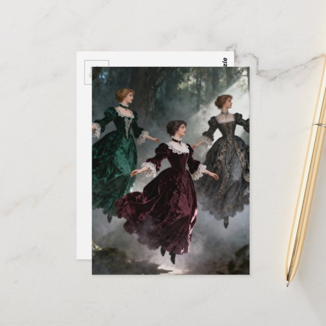 Three levitating women in the forest postkarte (Vorderseite/Rückseite Beispiel)