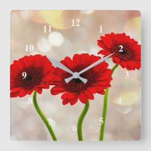 Three Little Red Gerberas Acrylic wall clock Quadratische Wanduhr