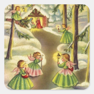 Three Little Vintage Christmas Angels Quadratischer Aufkleber