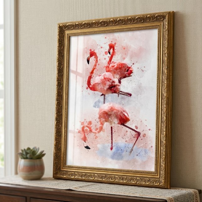 Three Pink Flamingos Watercolor Fotodruck (Three Pink Flamingos in Watercolor Art Print. Photo Print)