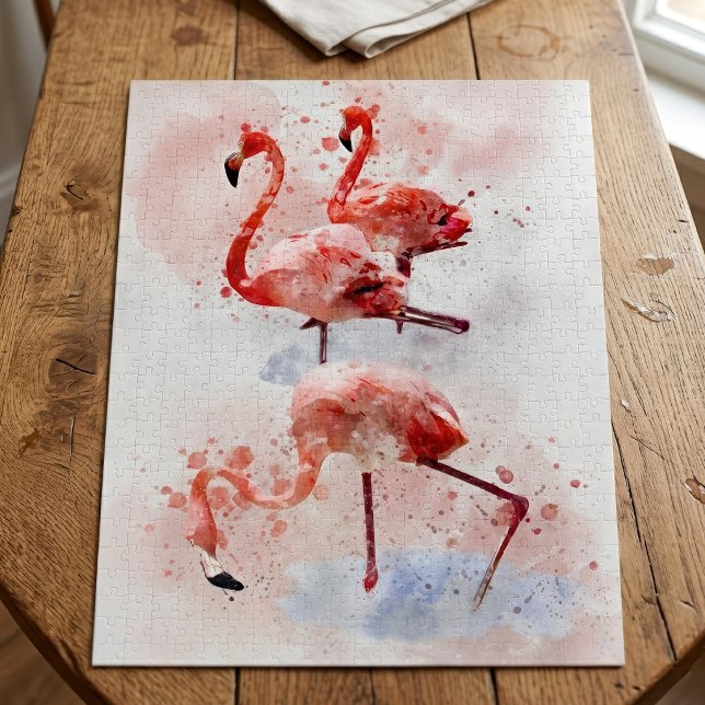 Three Pink Flamingos Watercolor Puzzle (Three Pink Flamingos in Watercolor Art Print. Jigsaw Puzzle)