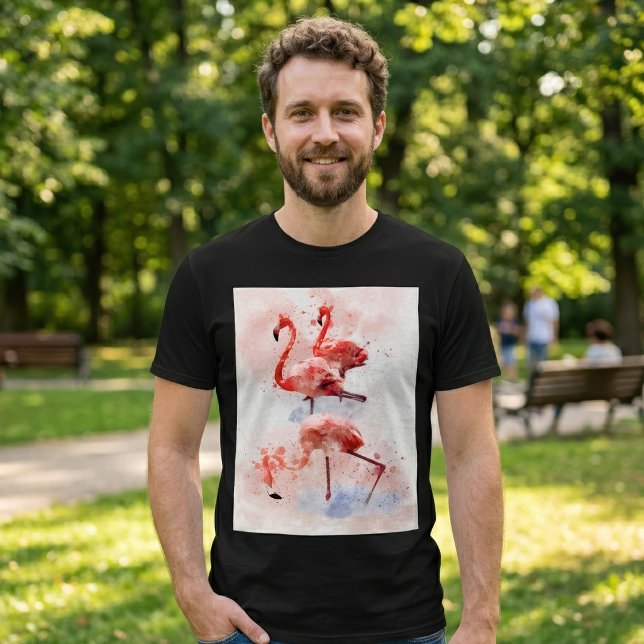 Three Pink Flamingos Watercolor T-Shirt (Three Pink Flamingos in Watercolor Art Print. Men Basic Black T-Shirt)