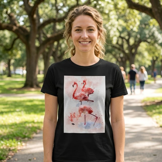 Three Pink Flamingos Watercolor T-Shirt (Three Pink Flamingos in Watercolor Art Print. Women Basic Black T-Shirt)