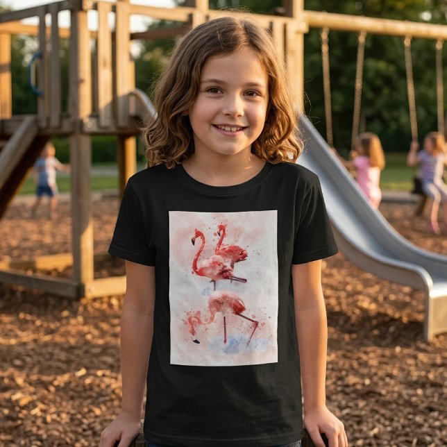 Three Pink Flamingos Watercolor T-Shirt (Three Pink Flamingos in Watercolor Art Print. Girl Basic Black T-Shirt)
